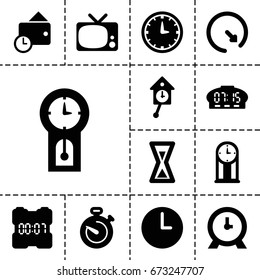Watch icon. set of 13 filled watchicons such as clock, stopwatch, wallet, wall clock, hourglass, pendulum, digital clock