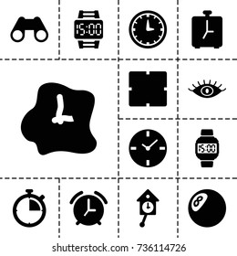 Watch icon. set of 13 filled watch icons such as clock, eye, binoculars, wall clock, wrist dial watch, pendulum, alarm