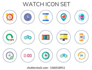 watch icon set. 15 flat watch icons.  Simple modern icons about  - stopwatch, hours, binoculars, sand clock, bracelet, periscope, tv, smartwatch, digital clock, clocks