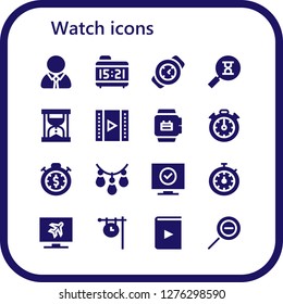  watch icon set. 16 filled watch icons. Simple modern icons about  - Manager, Alarm clock, Watch, Sandclock, Hourglass, Video, Smartwatch, Stopclock, Stopwatch, Necklace, Television