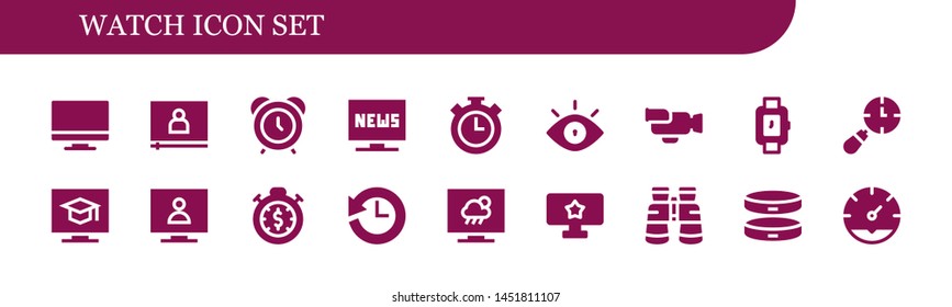watch icon set. 18 filled watch icons.  Simple modern icons about  - Tv, Video, Alarm clock, Television, Stopwatch, Eye, Wristwatch, Clocks, History, Binoculars, Bracelet, Clock