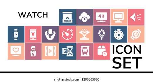  watch icon set. 19 filled watch icons. Simple modern icons about  - Ticket office, Wristwatch, Television, Manager, Video, Hourglass, Wait time, Fashion, Necklace, Timer, Eye scan
