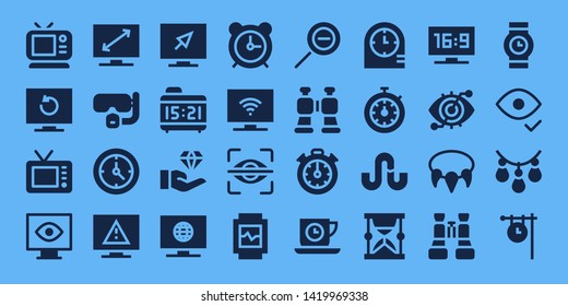 watch icon set. 32 filled watch icons. on blue background style Collection Of - Tv, Television, View, Dive, Clock, Alarm clock, Jewelry, Eye scan, Watch, Zoom out, Binoculars