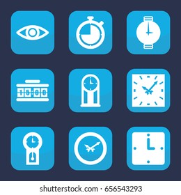 Watch icon. set of 9 filled watch icons such as eye, wall clock, wrist watch, clock, pendulum, digital clock