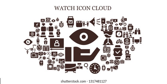watch icon set. 93 filled watch icons.  Simple modern icons about  - Eye, Video, Tea time, Smartwatch, Binoculars, Zoom, Wall clock, Television, Jewelry, View, Stopwatch, Time
