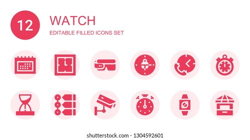 watch icon set. Collection of 12 filled watch icons included Schedule, Clock, Smart glasses, Time, Hourglass, Timeline, Cctv, Stopclock, Wristwatch, Timer, Ticket office