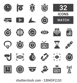 watch icon set. Collection of 32 filled watch icons included Tv, Management, Cctv, Clock, Chronometer, Eye, Bracelet, Vision, Dive, Wristwatch, Hourglass, Timer, Necklace, Eyeball