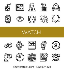 watch icon set. Collection of Pocket watch, Smartwatch, History, Eye, Manager, Alarm clock, Watchmaker, Management, Table clock, Necklace, Vision, Time is money, Watch, Sundial icons