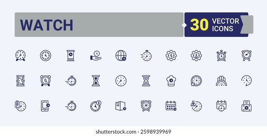 Watch icon set. Contain linear sign hour, countdown, dial, timer, day, clock and more. Time And Clock simple icon set. Perfect for logos and infographic. Pixel perfect. Vector line and solid icons.