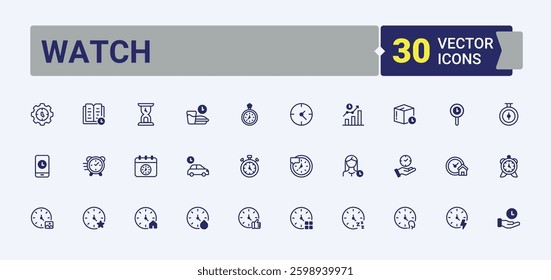 Watch icon set. Contain linear sign hour, countdown, dial, timer, day, clock and more. Time And Clock simple icon set. Perfect for logos and infographic. Pixel perfect. Vector line and solid icons.
