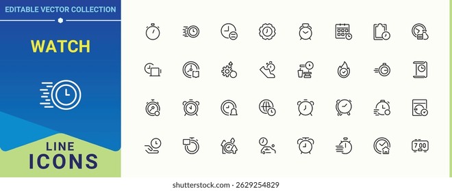 Symbolsatz überwachen. Enthält lineare Symbole wie Stunde, Uhr, Tag, Zifferblatt, Zeitgeber und mehr. Zeit- und Uhrensymbol. Symbole für dünne Benutzeroberflächen. Pixel perfekt. Bearbeitbarer Vektor.