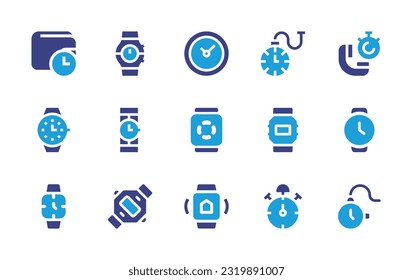 Watch icon set. Duotone color. Vector illustration. Containing wallet, wristwatch, clock, pocket watch, stop, smart watch, digital, wrist watch.