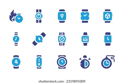Watch icon set. Duotone color. Vector illustration. Containing fire, watch, smart, smartwatch, wrist watch, fitness, stop, pocket watch.