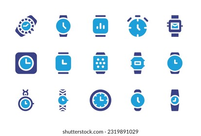 Watch icon set. Duotone color. Vector illustration. Containing watch, stop, smart, clock, pocket watch, cloak.