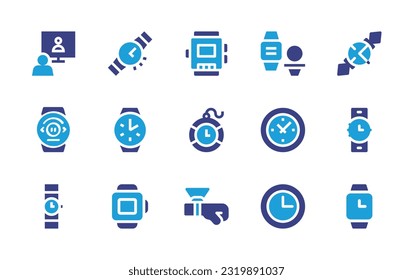 Watch icon set. Duotone color. Vector illustration. Containing online conference, wristwatch, watch, smart watch, pocket watch, wall clock, smartwatch, hologram, clock.