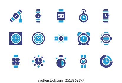 Watch icon set. Duotone color. Vector illustration. Containing wristwatch, smartwatch, watch, stopwatch, pocketwatch, alarm, timemanagement, clock, wallclock.