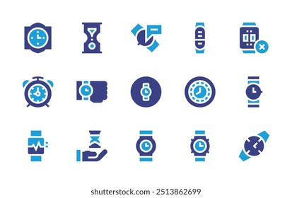 Watch icon set. Duotone color. Vector illustration. Containing wristwatch, watch, nocontrolwatch, alarmclock, clock, hourglass, smartwatch, wallclock, fitnesstracker.