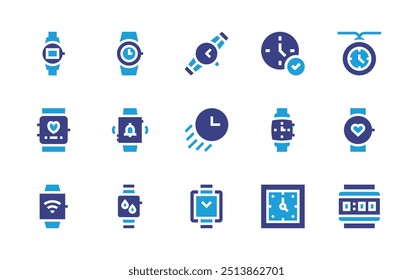 Watch icon set. Duotone color. Vector illustration. Containing wristwatch, fastdelivery, digitalwatch, watch, heartrate, alarm, smartwatch, wallclock, clock.