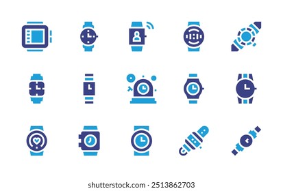 Ícone de observação definido. Cor duotônica. Ilustração vetorial. Contendo relógio, relógio de pulso, computador de mergulho, relojoaria, smartwatch, alarme.