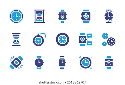 Watch icon set. Duotone color. Vector illustration. Containing watch, sportwatch, pocketwatch, clocks, smartwatch, hourglass, clock, wallclock.