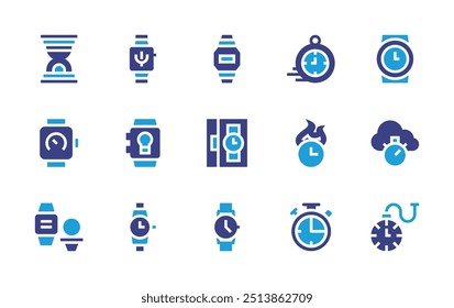 Watch icon set. Duotone color. Vector illustration. Containing watch, smartwatch, pocketwatch, wristwatch, chronometer, timing, timer, clock, sandclock, illumination.