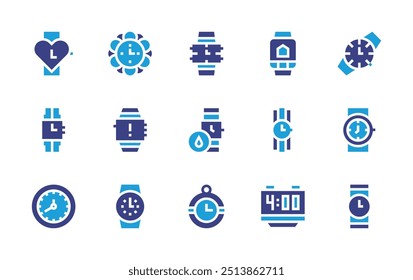 Watch icon set. Duotone color. Vector illustration. Containing watch, pocketwatch, clock, smartwatch, wristwatch, alarm, time, wallclock, digitalclock.