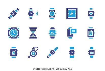 Watch icon set. Duotone color. Vector illustration. Containing watch, pocketwatch, smartwatch, message, hourglass, wristwatch, wallclock.