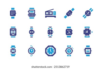 Watch icon set. Duotone color. Vector illustration. Containing wallclock, watch, smartwatch, wristwatch, digitalclock.