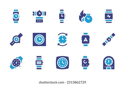 Conjunto de iconos de reloj. Color duotono. Ilustración vectorial. Contiene gps, reloj, fuego, gestión de tiempo, reloj, tarjeta de crédito, reloj de pulsera, reloj de pared, reloj inteligente.