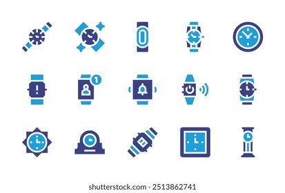 Watch icon set. Duotone color. Vector illustration. Containing clock, watch, fitnesswatch, alarm, wallclock, wristwatch, smartwatch.