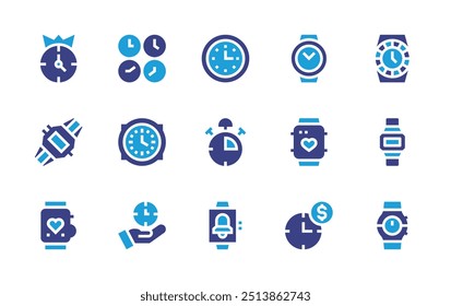 Watch icon set. Duotone color. Vector illustration. Containing clock, watch, stopwatch, digitalwatch, primetime, timezone, wallclock, smartwatch, wristwatch.