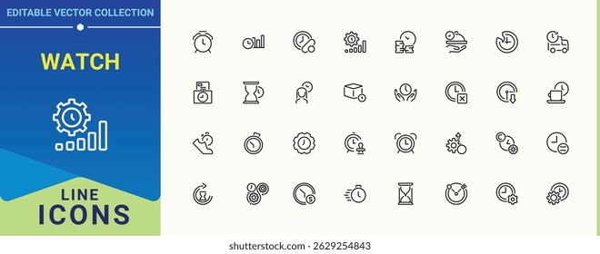 Watch icon set. Featuring dial, day, clock, time, hour, alarm and more. Time And Clock icon set. Outline icons in linear style. Vector illustration.