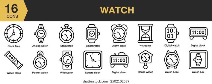 Symbolsatz überwachen. Umfasst analoge Uhr, digitale Uhr, Smartwatch, Sanduhr, Zifferblatt und Mehr. Gliederungssymbole, Vektorsammlung.