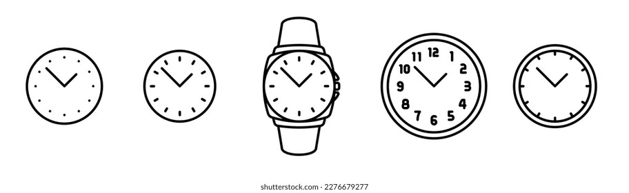 watch icon set, modern line icons vector illustrations of clocks watches of different type clock face