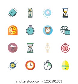 watch icon set. vector set about hourglass, streaming, alarm clock and stopclock icons set.
