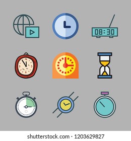 watch icon set. vector set about wristwatch, stopclock, timer and hourglass icons set.