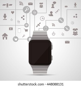Watch and icon set. Wearable technology design. Vector graphic