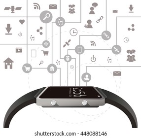 Watch and icon set. Wearable technology design. Vector graphic