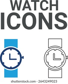 Watch icons, Line art icons, Timer, alarm, schedule, hourglass, clock icons. Solid icon collection.