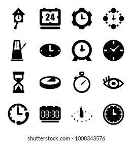 Watch icons. set of 16 editable filled watch icons such as clock, eye, wall clock, sundial, hourglass, pendulum