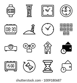 Watch icons. set of 16 editable outline watch icons such as wallet, clock, wrist dial watch, hourglass, pendulum, cuckoo clock, digital clock, alarm