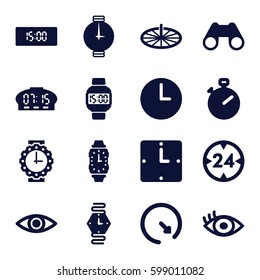 watch icons set. Set of 16 watch filled icons such as binoculars, eye, wall clock, wrist watch for woman, sundial, 24 hour