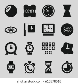 Watch icons set. set of 16 watch filled icons such as alarm, clock, wall clock, wrist watch for woman, sundial, hourglass