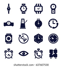 Watch icons set. set of 16 watch filled icons such as alarm, eye, clock, wall clock, wrist watch, hourglass