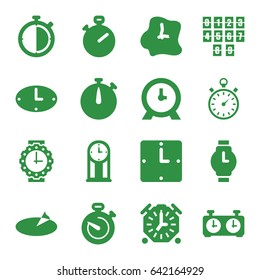 Watch icons set. set of 16 watch filled icons such as clock, stopwatch, wall clock, sundial, pendulum