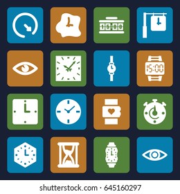 Watch icons set. set of 16 watch filled icons such as eye, wall clock, wrist watch, hourglass, clock