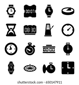 Watch icons set. set of 16 watch filled icons such as stopwatch, clock, wall clock, sundial, hourglass, pendulum