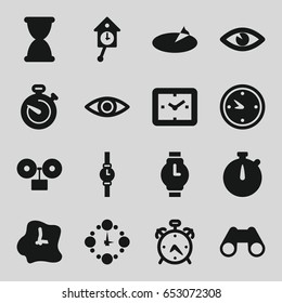 Watch icons set. set of 16 watch filled icons such as alarm, eye, binoculars, clock, stopwatch, wall clock, wrist watch, sundial, hourglass