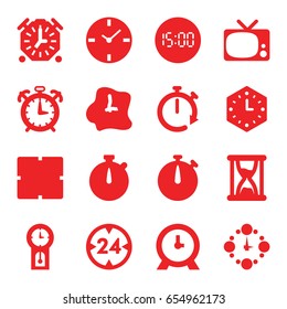 Watch icons set. set of 16 watch filled icons such as clock, wall clock, 24 hour, hourglass, pendulum, digital clock, alarm, stopwatch