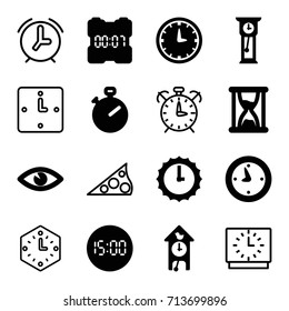 Watch icons set. set of 16 watch filled and outline icons such as eye, clock, wall clock, sundial, hourglass, pendulum, alarm
